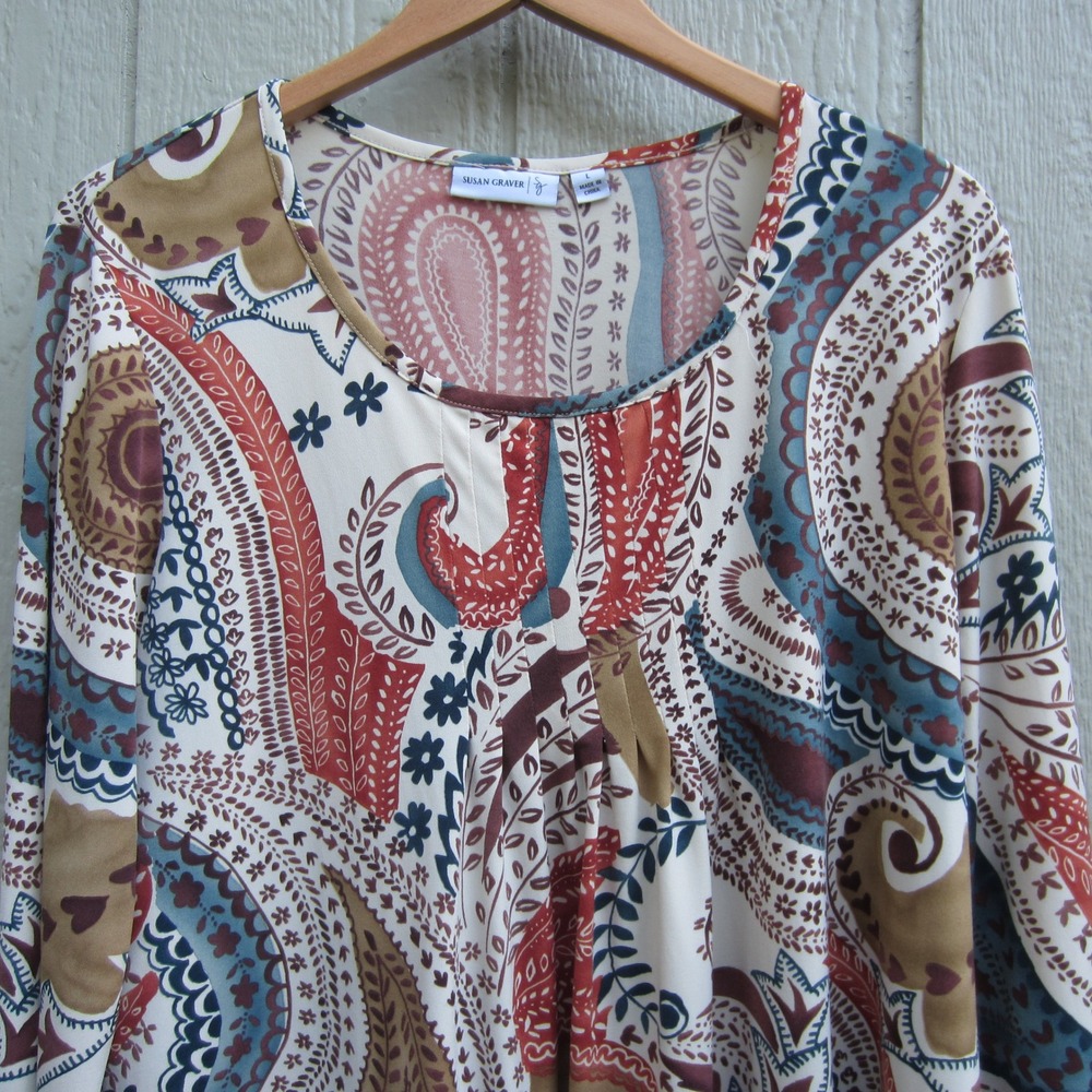 Susan Graver Liquid Knit Paisley Top Womens Large 3/4 Sleeve Scoop Neck Pleated - Picture 2 of 10